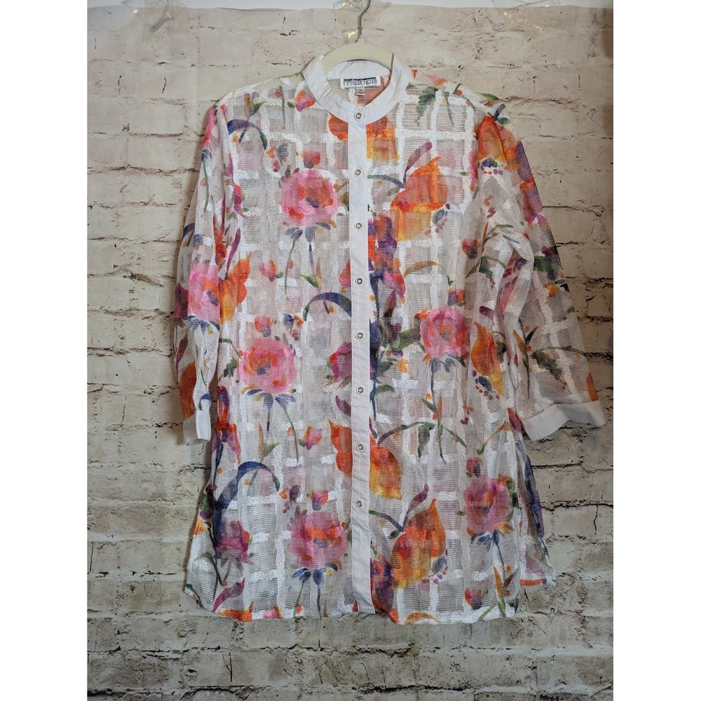 Mishca Mesh Top Medium Long Line Colorful Garden Flowers Sheer Artsy High Neck